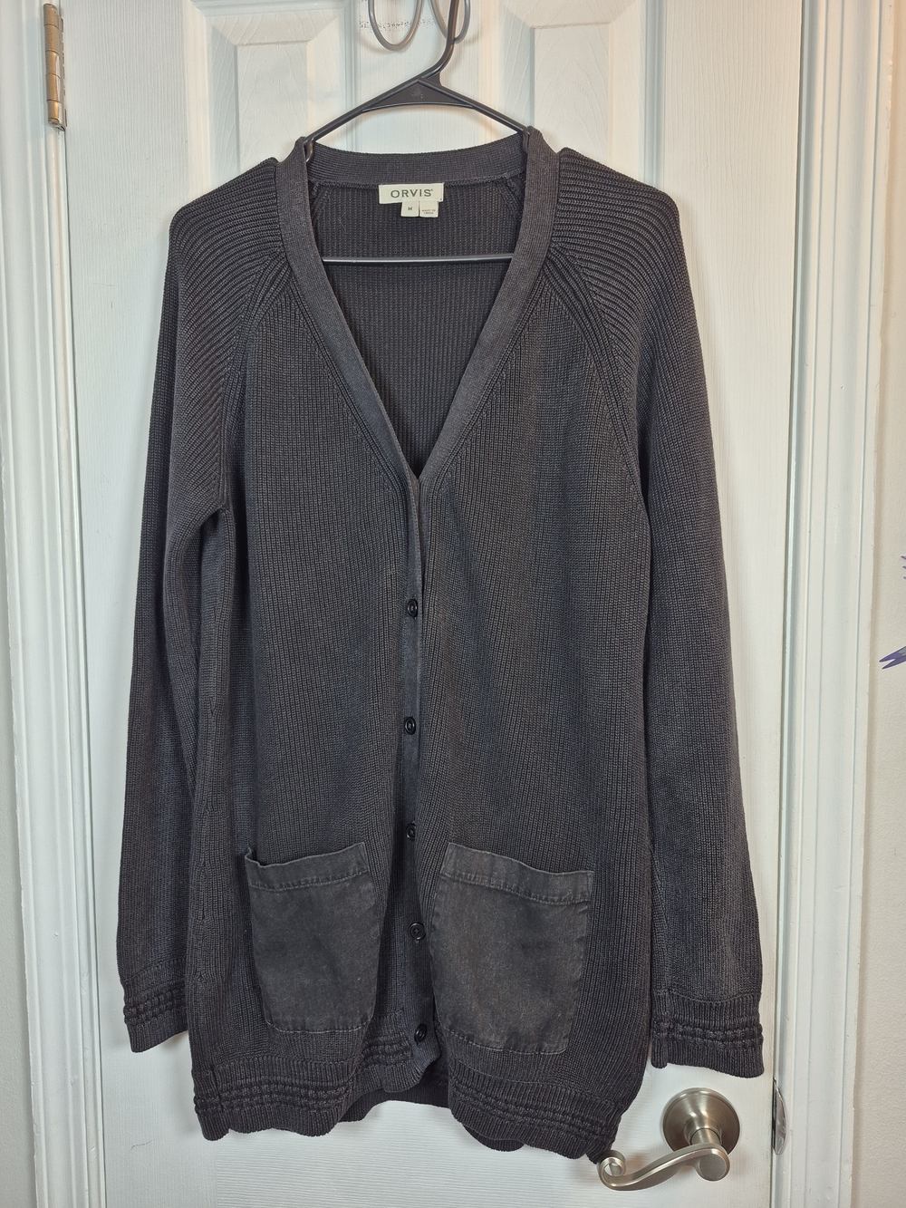 Orvis Dark Grey Ribbed Chunky Knit Longline V Neck Cardigan Elbow Patch Medium